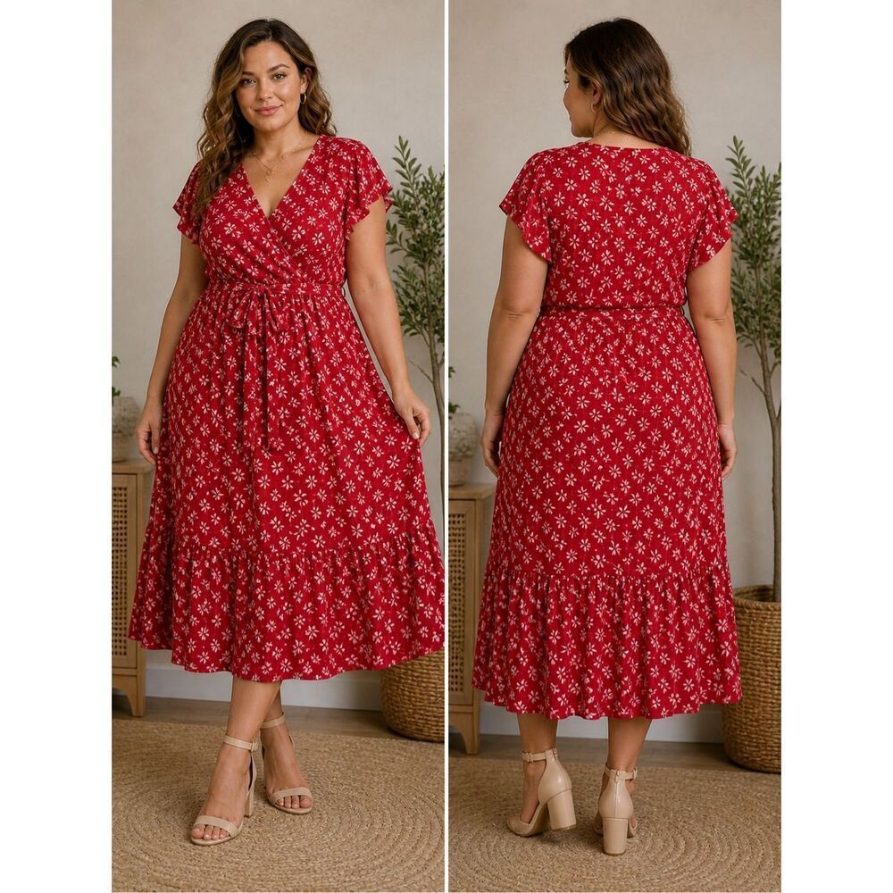 Ava & Viv Bohemian Red Floral Wrap Dress Midi Flutter Sleeve Belted  Size 1X
